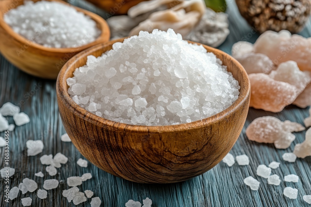 Sea salt in wooden bowl. Perfect for cooking, spa, or wellness themes. Sea salt in wooden bowl. Perfect for cooking, spa, or wellness themes.