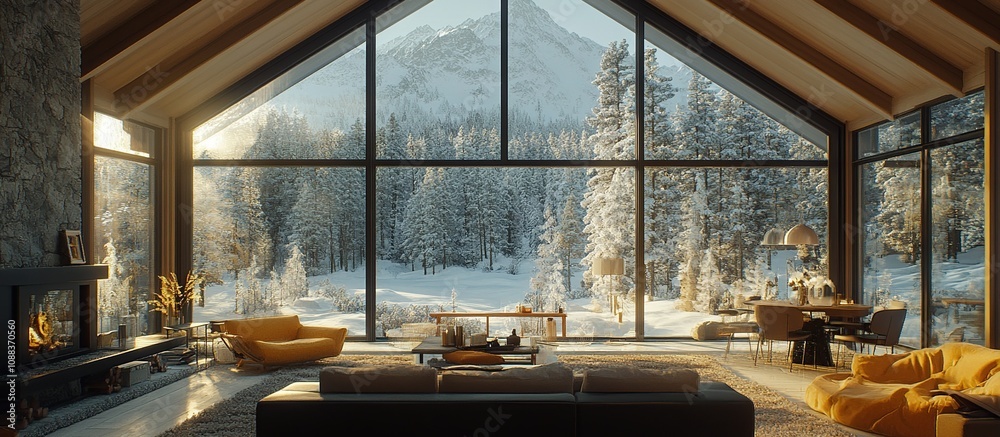 Cozy living room with large windows showcasing a snowy mountain landscape. Cozy living room with large windows showcasing a snowy mountain landscape.