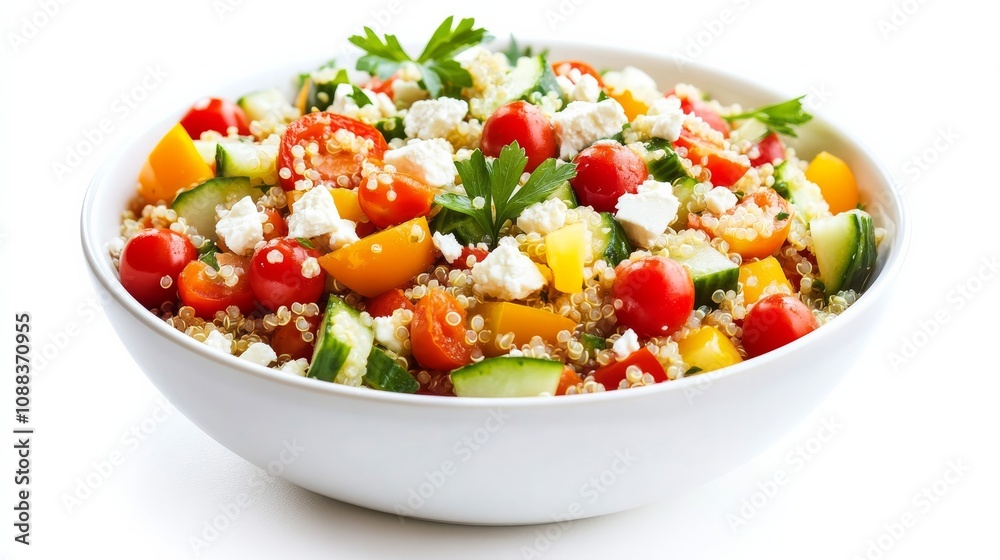 A colorful bowl of quinoa salad with cherry tomatoes, cucumber, bell peppers A colorful bowl of quinoa salad with cherry tomatoes, cucumber, bell peppers