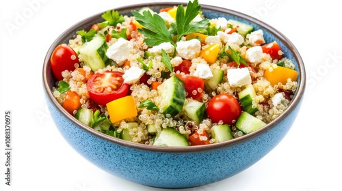 A colorful bowl of quinoa salad with cherry tomatoes, cucumber, bell peppers