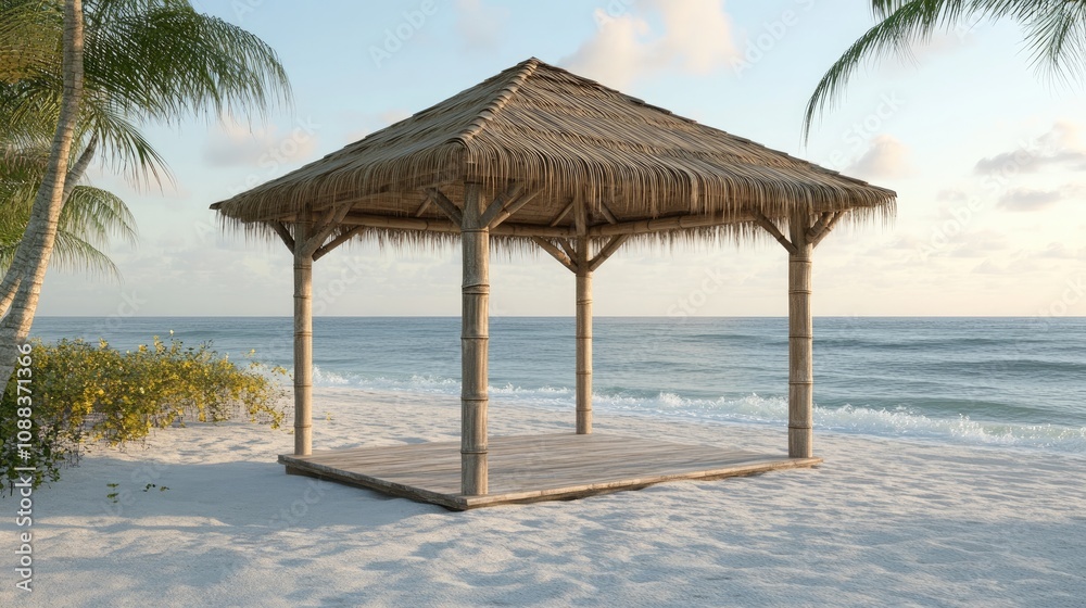 Rustic gazebo with bamboo roof, on a white sandy beach, gentle waves in background Rustic gazebo with bamboo roof, on a white sandy beach, gentle waves in background