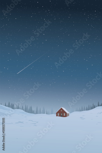 Winter landscape at night with lonely country house covered by white snow have silhouette pine forest and starry sky vertical background graphic illustration.