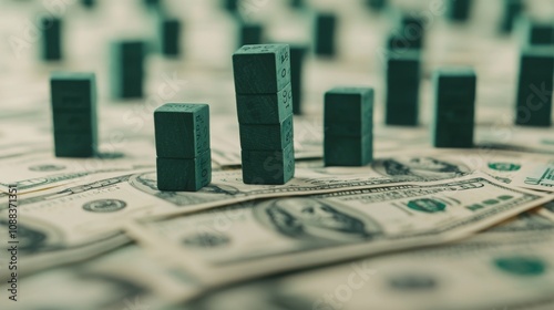 A close-up image depicting stacks of green blocks arranged over a bed of cash, symbolizing finance, investment, and wealth accumulation.