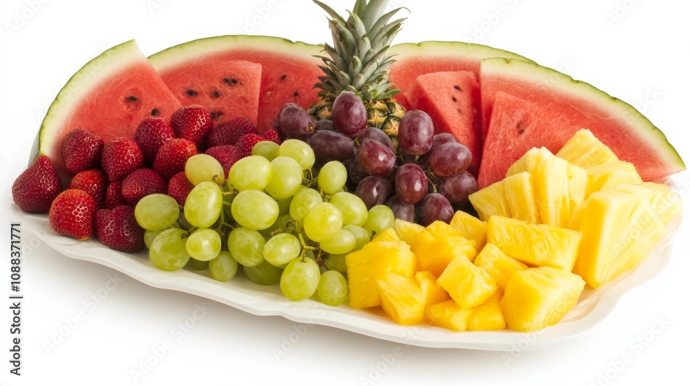 A colorful fruit platter with a variety of sliced fruits including apple, pear, peach A colorful fruit platter with a variety of sliced fruits including apple, pear, peach