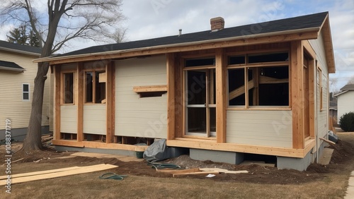 An outside picture of a home that is being renovated, displaying exposed framework and damaged siding.