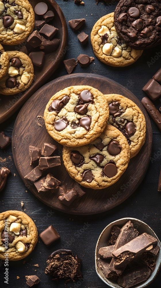 Delicious assortment of cookies with dark and white chocolate chips on wooden table. Delicious assortment of cookies with dark and white chocolate chips on wooden table.