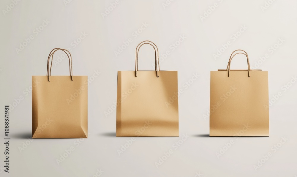 Three brown paper shopping bags with handles on neutral background. Three brown paper shopping bags with handles on neutral background.