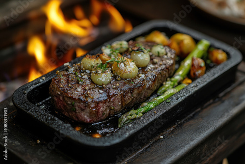 Juicy steak with asparagus and potatoes, beautifully plated. Red meat grilled to perfection, served with tender veggies and crispy potatoes. photo