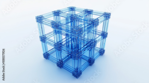 A blue, 3D model shows a face-centered cubic crystal structure. It's like a wireframe, in a grid pattern.