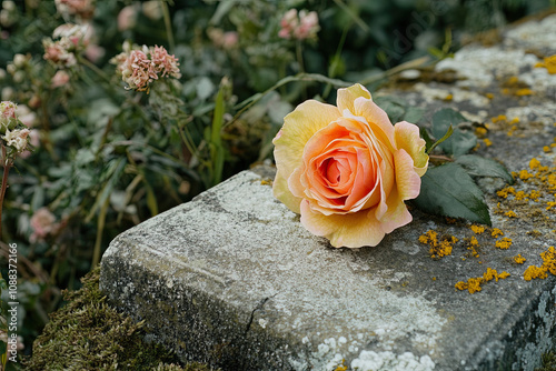 Close-up of a single rose lying on a gravestone photo