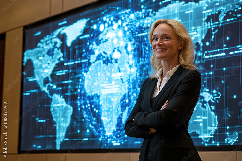 Businesswoman in front of a large screen showing global communication Businesswoman in front of a large screen showing global communication