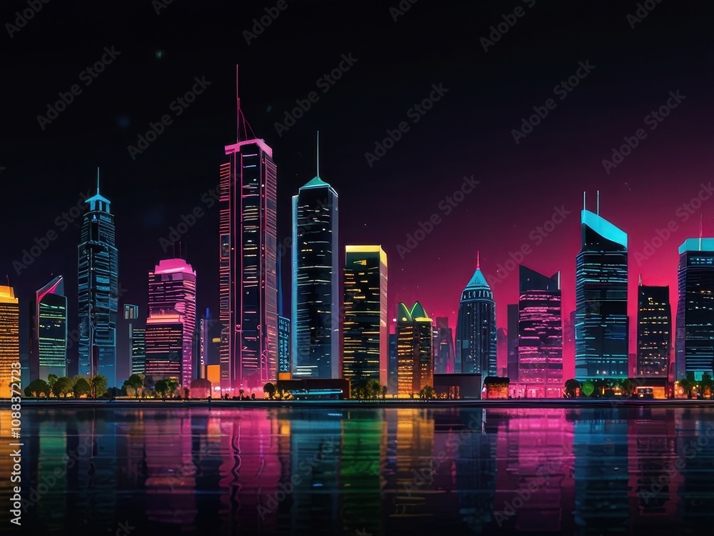 Obraz premium Urban Night Cityscape with Vibrant Neon Lights for AMOLED Wallpaper
