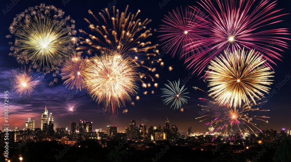 Fireworks over a city skyline at night. Fireworks over a city skyline at night.