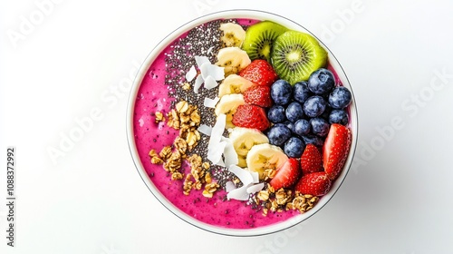 A colorful fruit smoothie bowl with blended strawberries, bananas, blueberries