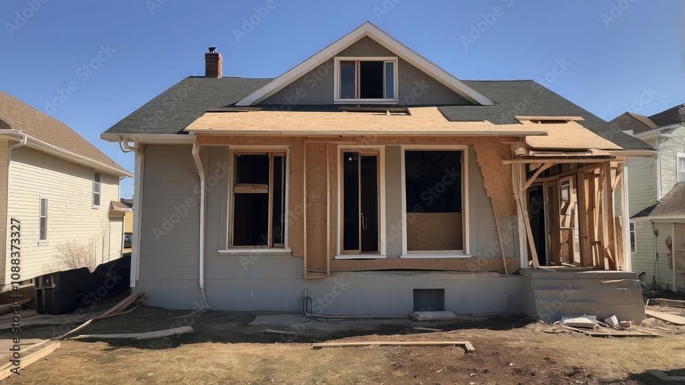 An outside picture of a home that is being renovated, displaying exposed framework and damaged siding. An outside picture of a home that is being renovated, displaying exposed framework and damaged siding.
