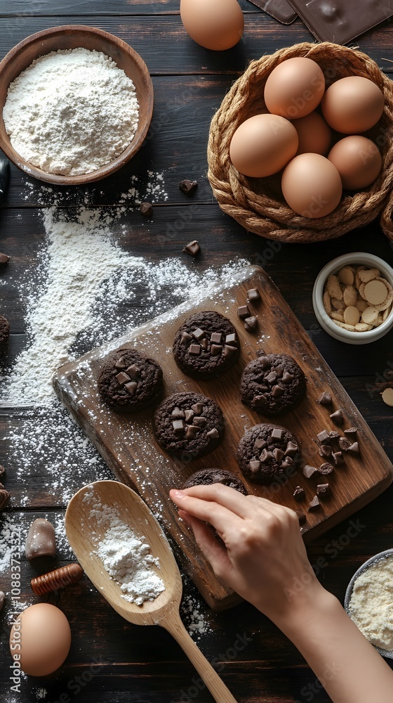 A woman preparing chocolate cookies on a rustic wooden surface with baking ingredients. A woman preparing chocolate cookies on a rustic wooden surface with baking ingredients.