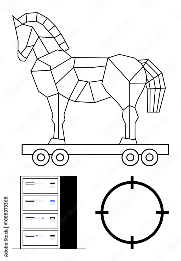 Geometric Trojan horse on wheels, a server rack, and a target crosshair. Ideal for technology, cybersecurity, malware, data protection, IT infrastructure hacking digital threats. Line metaphor Geometric Trojan horse on wheels, a server rack, and a target crosshair. Ideal for technology, cybersecurity, malware, data protection, IT infrastructure hacking digital threats. Line metaphor