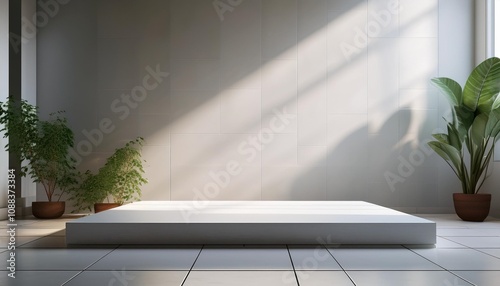 A minimalist interior with a circular product display stand, perfect for showcasing products