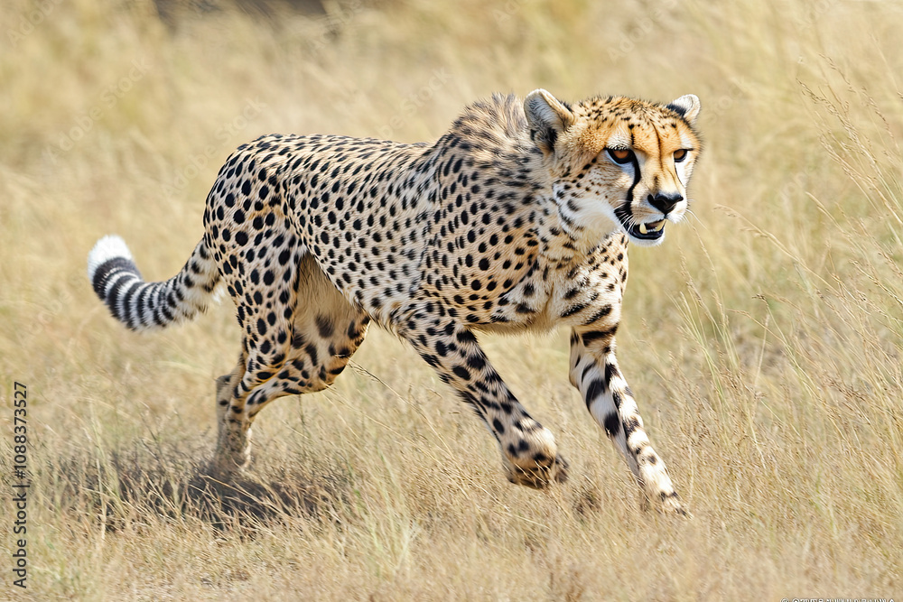 Cheetah sprinting across the grasslands in pursuit of prey Cheetah sprinting across the grasslands in pursuit of prey