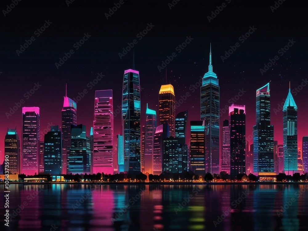 Obraz premium Urban Night Cityscape with Vibrant Neon Lights for AMOLED Wallpaper