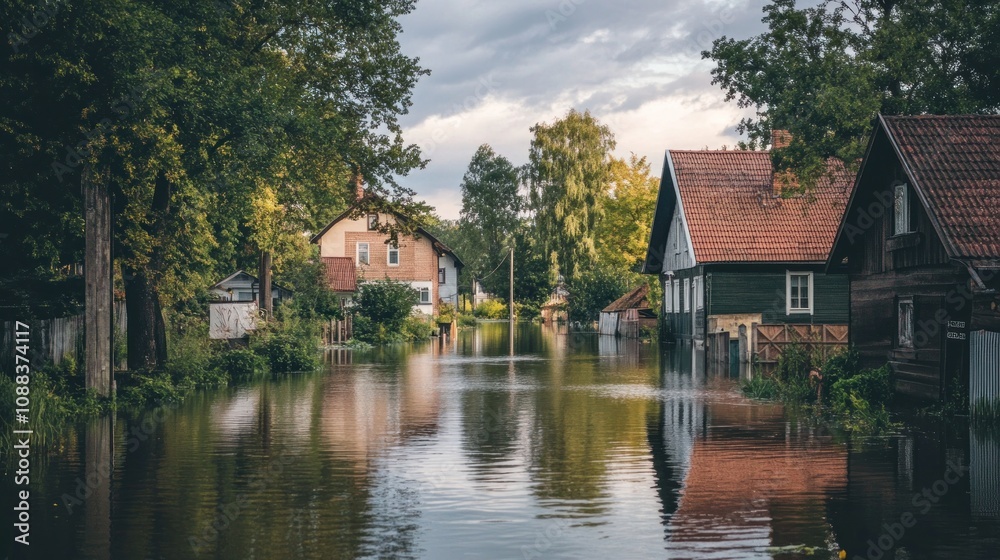 Flooded street with houses surrounded by water. Flooded street with houses surrounded by water.