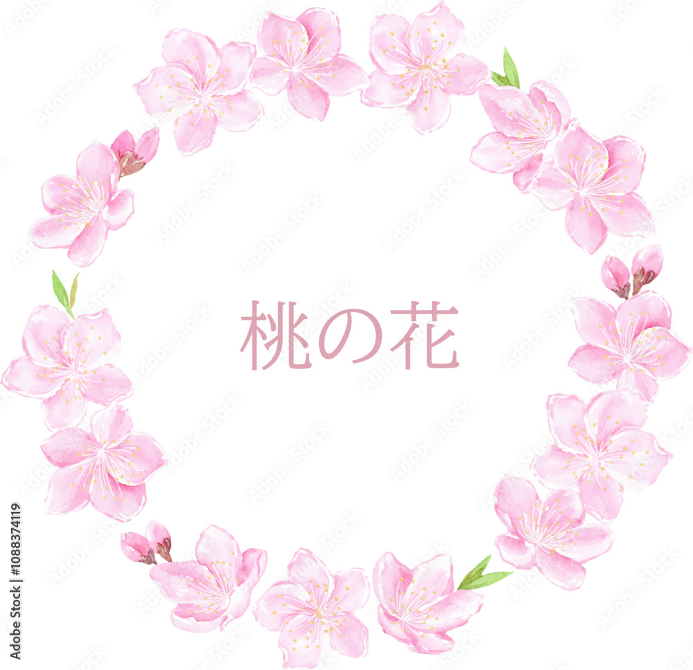 水彩で描いた桃の花の円フレーム 水彩で描いた桃の花の円フレーム