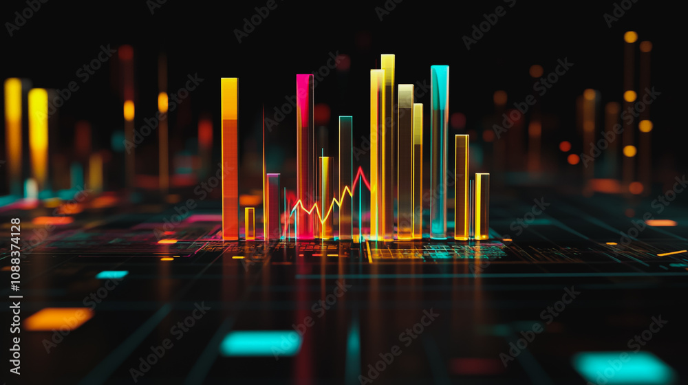 Abstract black background with 3D Colorful charts and graphs with statistics to innovative analyze business potential and forecast future development of companies growth.