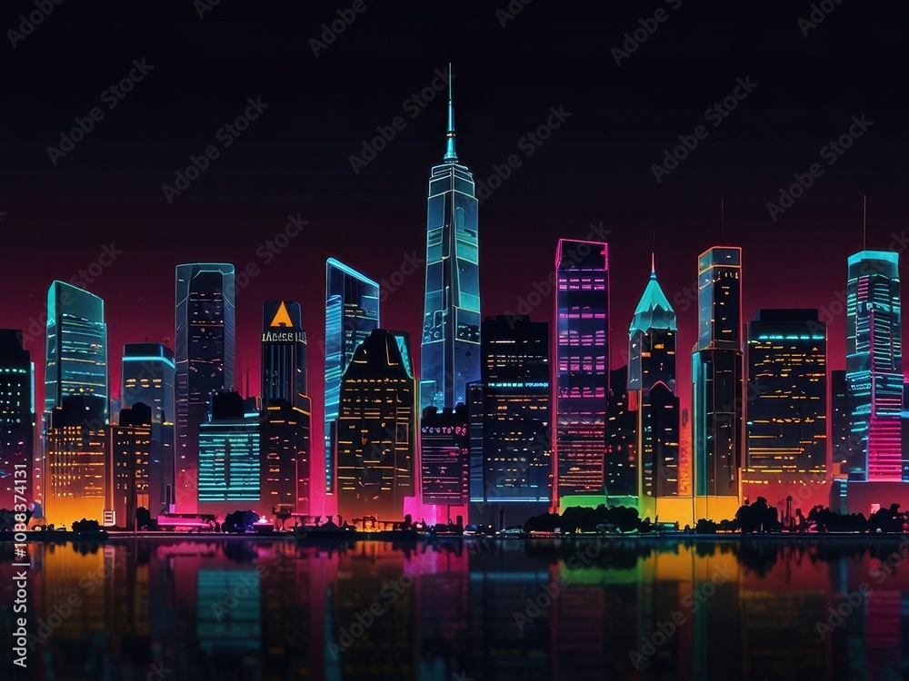 Fototapeta premium Urban Night Cityscape with Vibrant Neon Lights for AMOLED Wallpaper