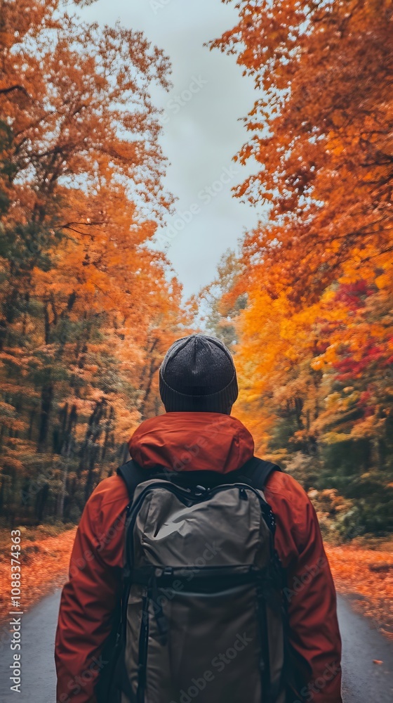 A male hiker in an orange jacket explores a vibrant autumn forest pathway. A male hiker in an orange jacket explores a vibrant autumn forest pathway.