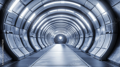 A cool, looping 3D animation shows a futuristic spaceship tunnel.