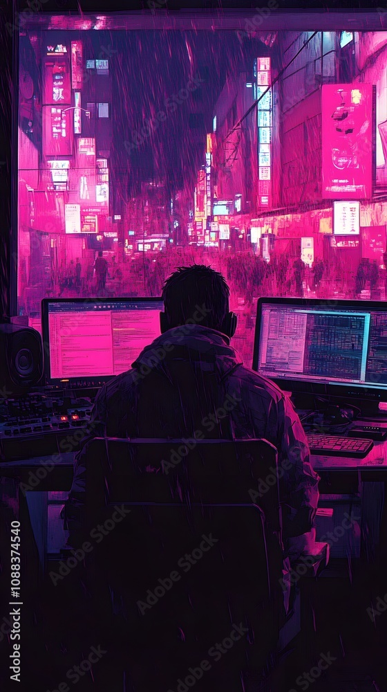 Obraz premium A focused male figure working on multiple screens in a neon-lit urban setting.