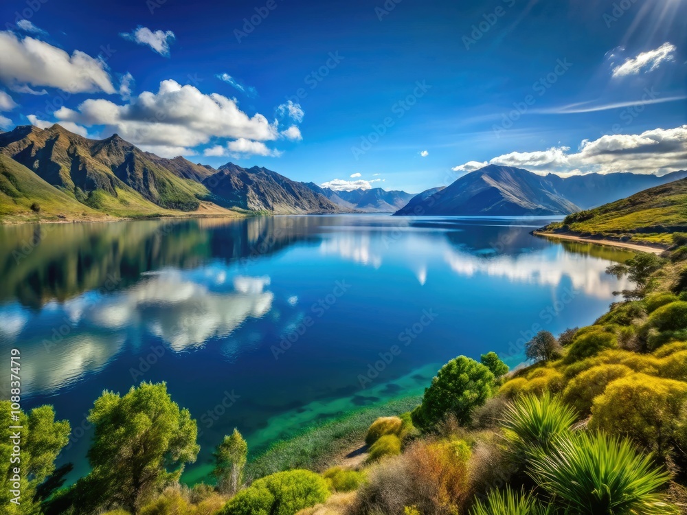 Fototapeta premium Tranquil Lake Hawea Serenity: Scenic Views of Water, Mountains, and Lush Landscapes for a Peaceful Escape in New Zealand's Natural Beauty