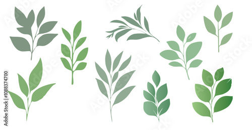 Green Leaf Silhouette Icon Set – Minimalist Botanical Design Elements