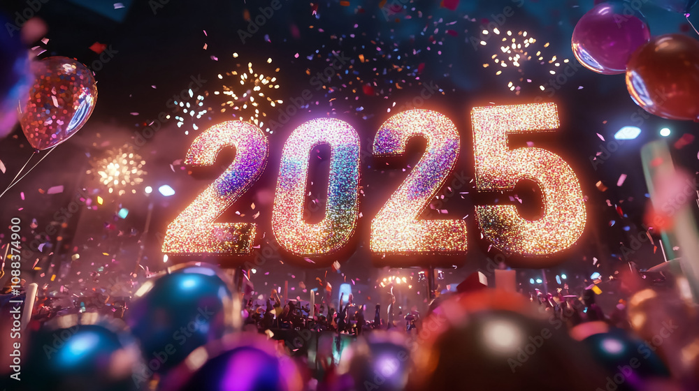 Vibrant 2025 New Year Celebration with Neon Lights and Fireworks Vibrant 2025 New Year Celebration with Neon Lights and Fireworks