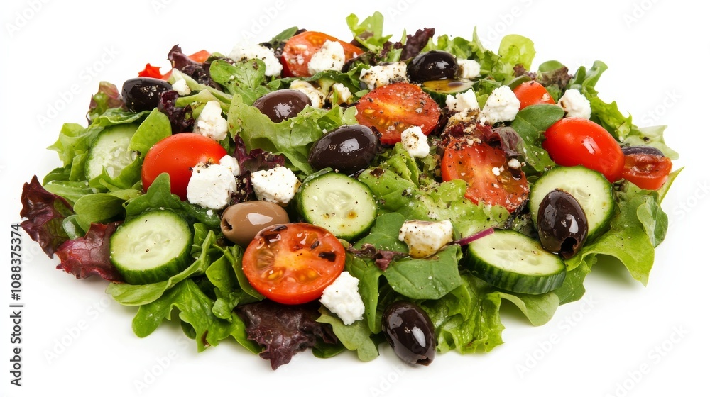 A colorful Mediterranean salad with mixed greens, cherry tomatoes, cucumber slices A colorful Mediterranean salad with mixed greens, cherry tomatoes, cucumber slices