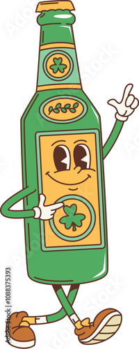 Cartoon retro groovy green beer bottle character for Saint Patrick Day holiday, vector personage. Funny groovy beer bottle with shamrock clover leaf label in 70s hippie art for St Patrick Day holiday