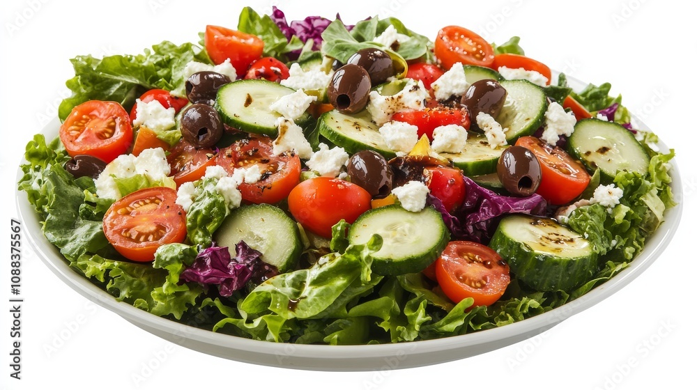 A colorful Mediterranean salad with mixed greens, cherry tomatoes, cucumber slices A colorful Mediterranean salad with mixed greens, cherry tomatoes, cucumber slices