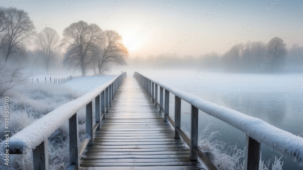Naklejka premium With frost-covered railings and a calm, chilly ambiance in a winter setting, a long, frozen bridge extends into a foggy winter