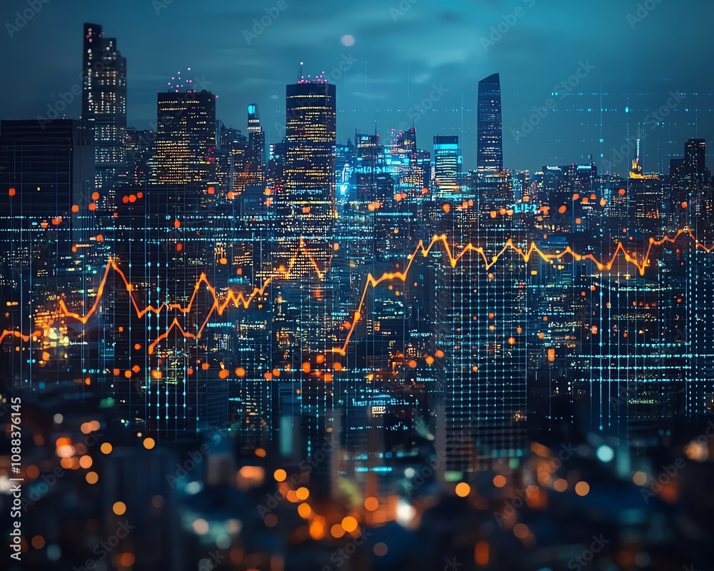 Digital graphs and charts overlaid on a city skyline, illustrating property market growth and real estate trends, businessfocused financial visualization, urban backdrop Digital graphs and charts overlaid on a city skyline, illustrating property market growth and real estate trends, businessfocused financial visualization, urban backdrop