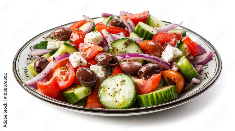 A colorful plate of Greek salad with tomatoes, cucumbers, red onions A colorful plate of Greek salad with tomatoes, cucumbers, red onions