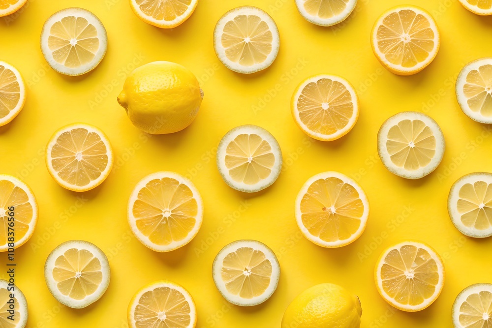 Fresh lemon pattern on isolated yellow pastel background Fresh lemon pattern on isolated yellow pastel background
