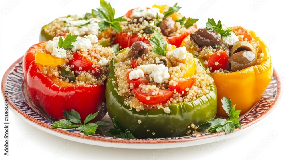 A colorful plate of Greek stuffed bell peppers with bell peppers filled with quinoa, tomatoes, olives A colorful plate of Greek stuffed bell peppers with bell peppers filled with quinoa, tomatoes, olives