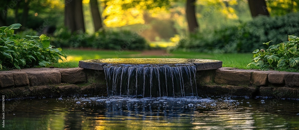 A serene water feature flowing into a tranquil pond surrounded by lush greenery. A serene water feature flowing into a tranquil pond surrounded by lush greenery.