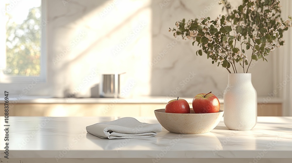 Sunlit Kitchen Countertop Still Life with Apples and Flowers Sunlit Kitchen Countertop Still Life with Apples and Flowers