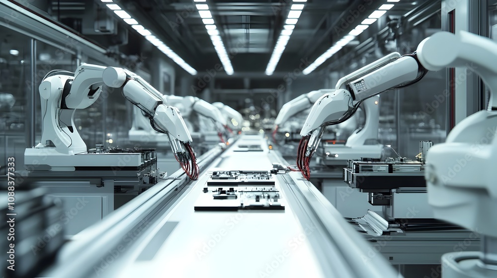 Futuristic Factory Assembly Line with Robotic Arms Efficiently Constructing Electronic Devices Futuristic Factory Assembly Line with Robotic Arms Efficiently Constructing Electronic Devices