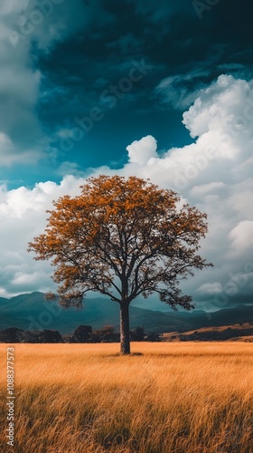 A solitary tree stands amidst golden grass under a dramatic sky.