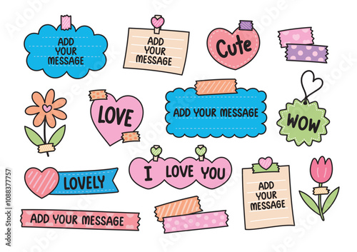 cute hand drawn lovely note paper and masking tape in trendy girly style