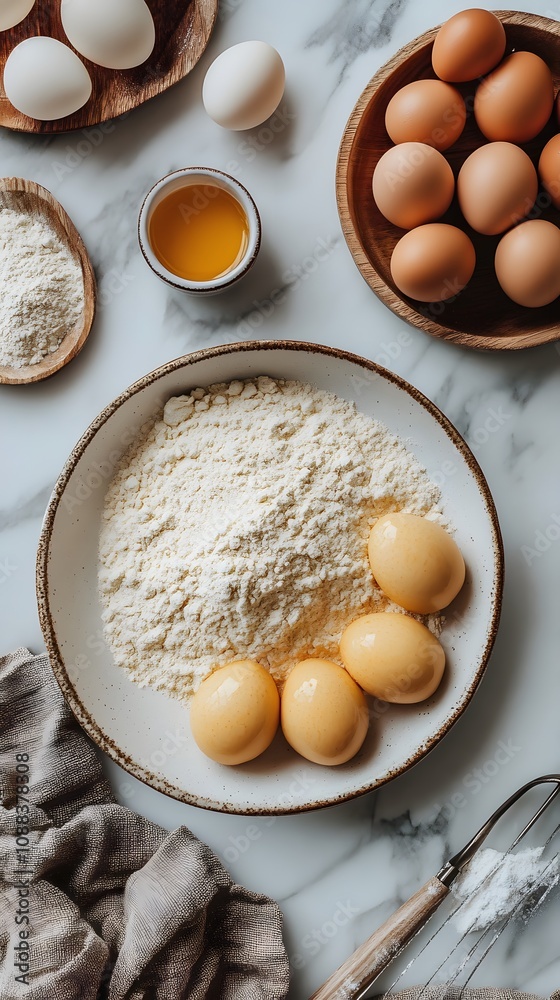 Creative kitchen scene with eggs, flour, and dough preparation items. Creative kitchen scene with eggs, flour, and dough preparation items.