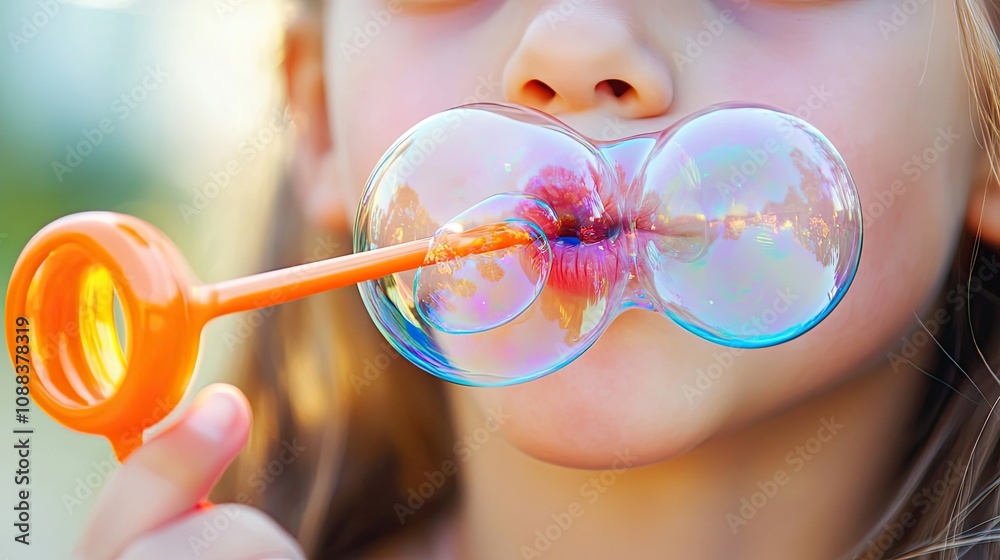 A Child Blowing a Double Bubble with an Orange Wand A Child Blowing a Double Bubble with an Orange Wand