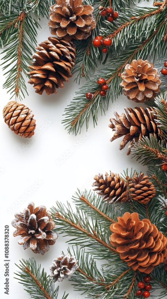 Naklejka premium Festive pinecones and holly on a snowy background, evoking winter cheer.